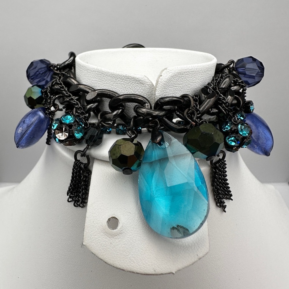 Vintage 90s Blue Crystal Charm Bracelet Silver Tone Mixed Bead Women's Jewelry